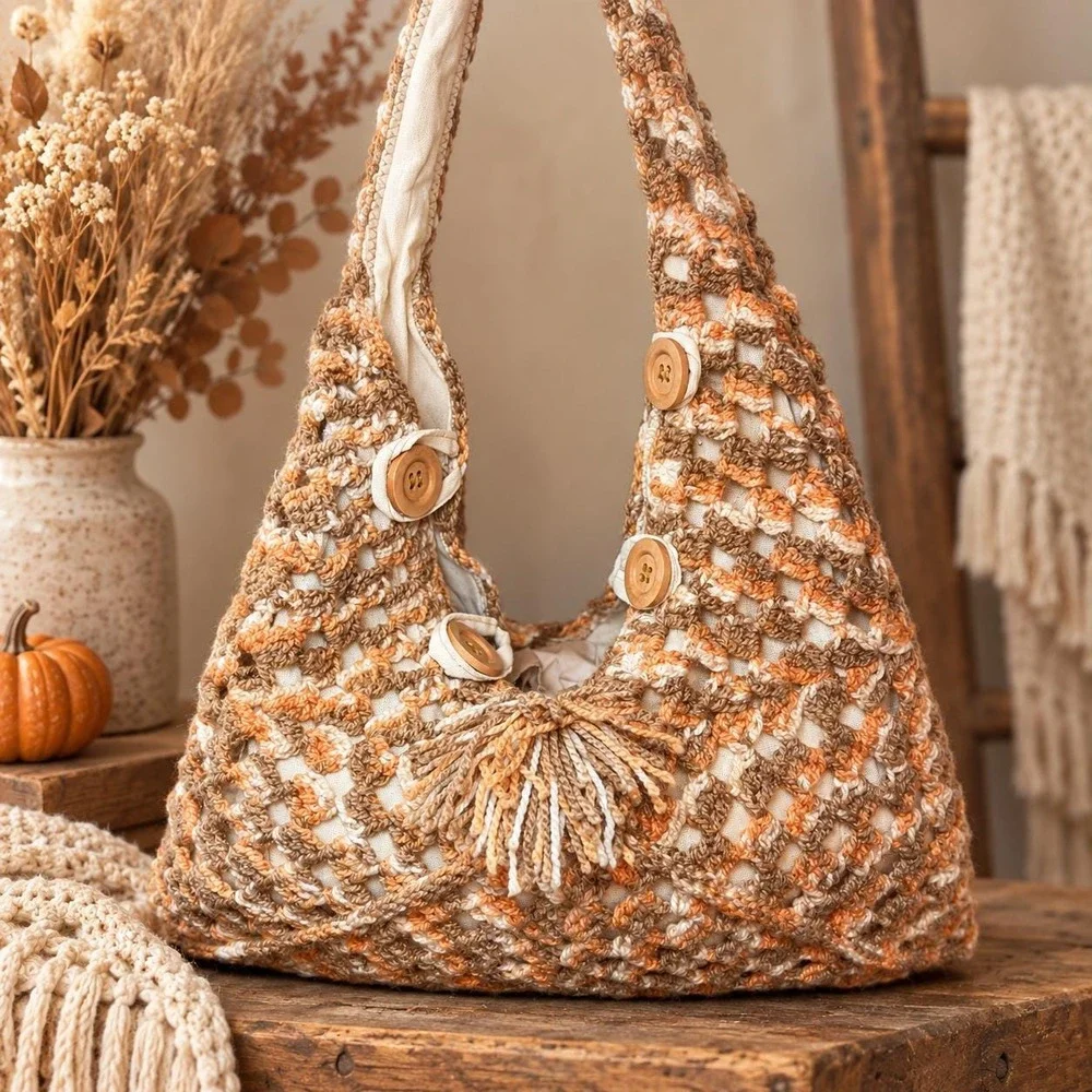 Handmade Crochet Hobo Bag Lined Boho Shoulder Purse Peach Tan Cream Wood Buttons